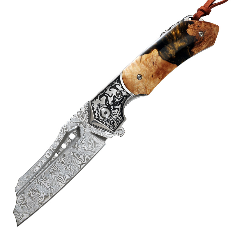 Dao Gấp Damascus Cao Cấp Cự Long – Thép 95 Lớp, Độ Cứng 61HRC, Thiết Kế Mạnh Mẽ